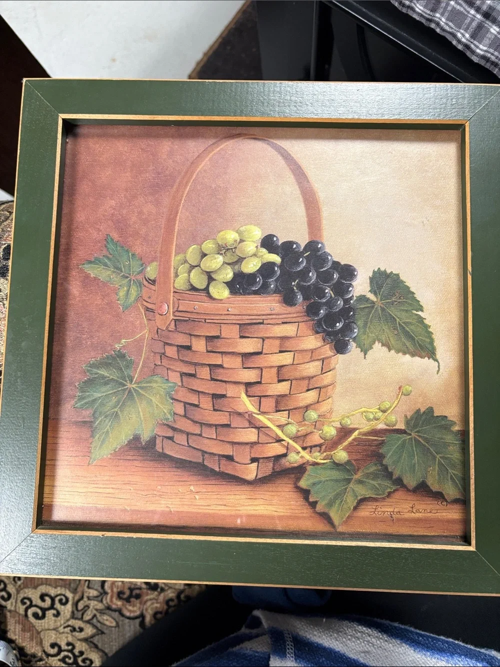 Framed Green-Bordered Basket of Grapes Wall Art signed